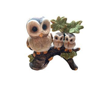 Vintage ARDCO OWL FIGURINE 2 Owls Tree Branch 6" T Porcelain Label C3734  EUC